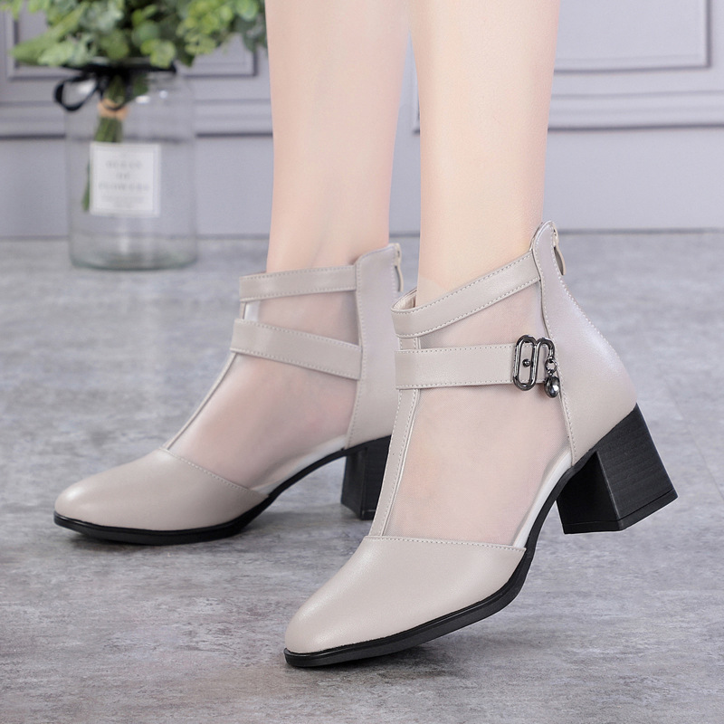 Boot lưới nữ cổ thấp gót vuông da thật hở mũi — màu đen