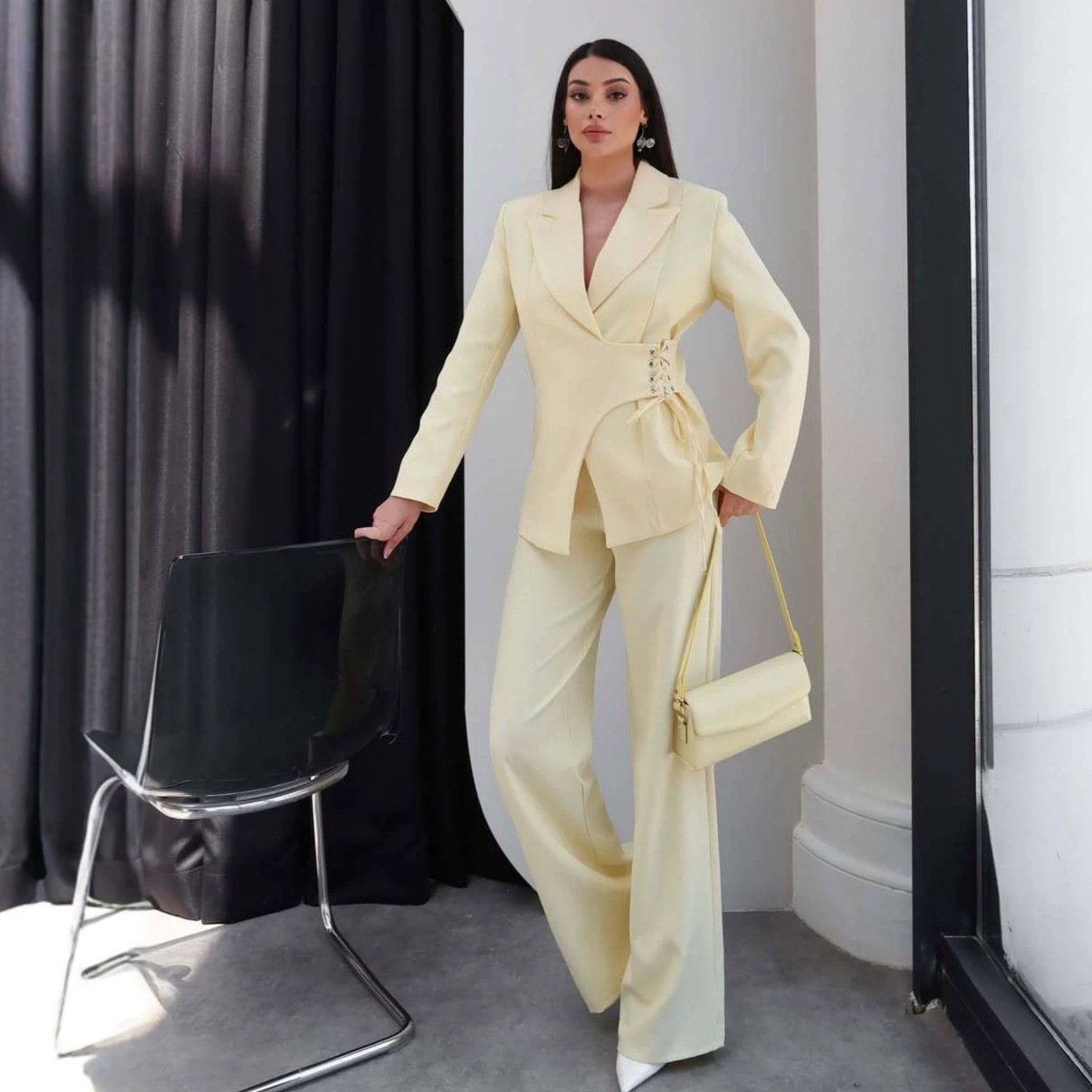 2026 Autumn New European and American Women's Fashion Round Neck Long-Sleeve Workplace Commute V-Neck Tie Coat Straight-Leg Pants Two-Piece Set