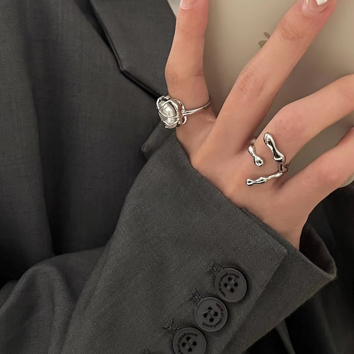 Geometric Silver Plated Metal Artificial Pearls Open Ring