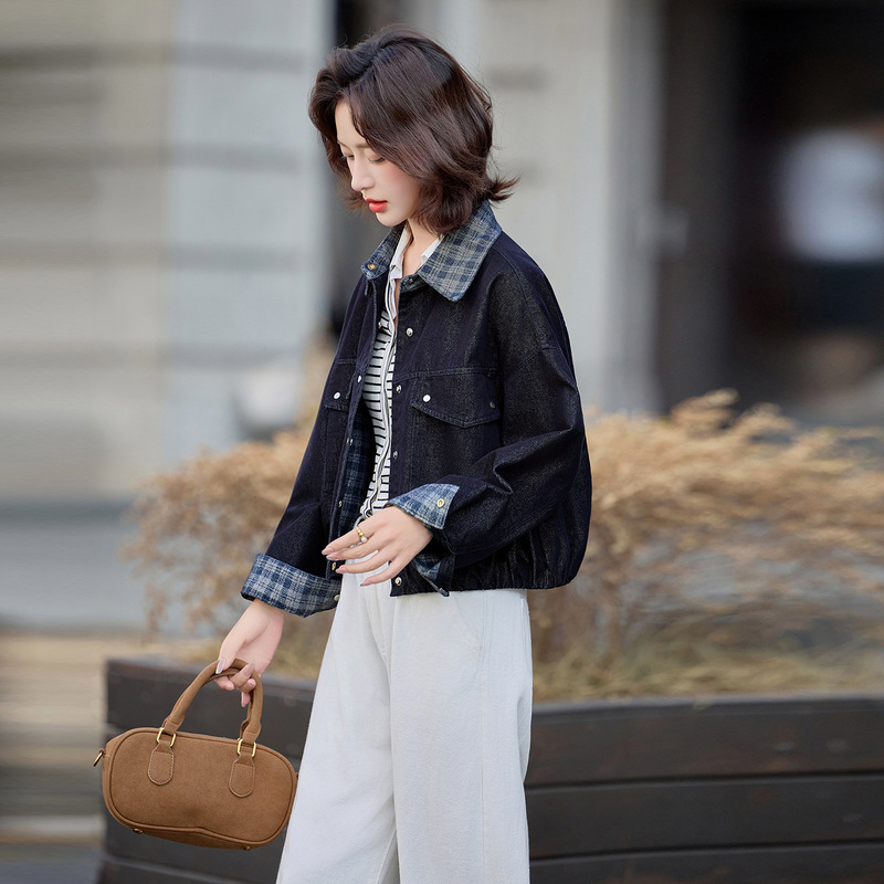 高级感格子翻领拼接牛仔短外套女2025春秋季新款时尚百搭夹克上衣|undefined
