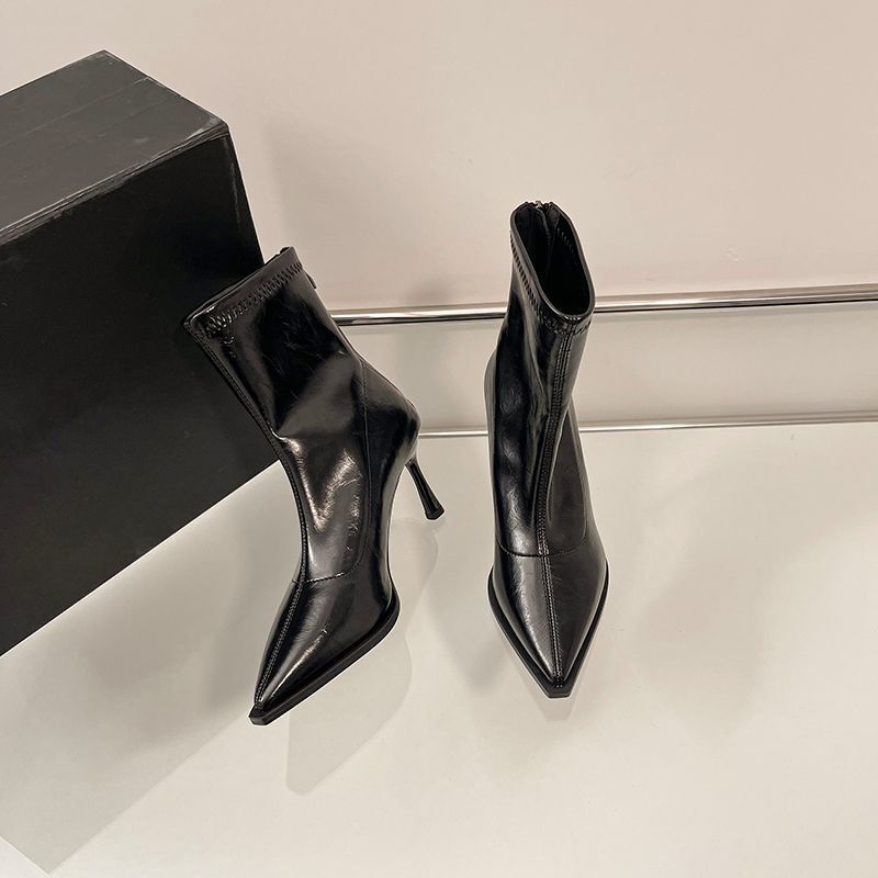 Pointed Toe High Heel Short Boots Women's Back Zipper 2025 Autumn and Winter New Retro Nude Boots Elastic Slim Boots Stiletto Boots