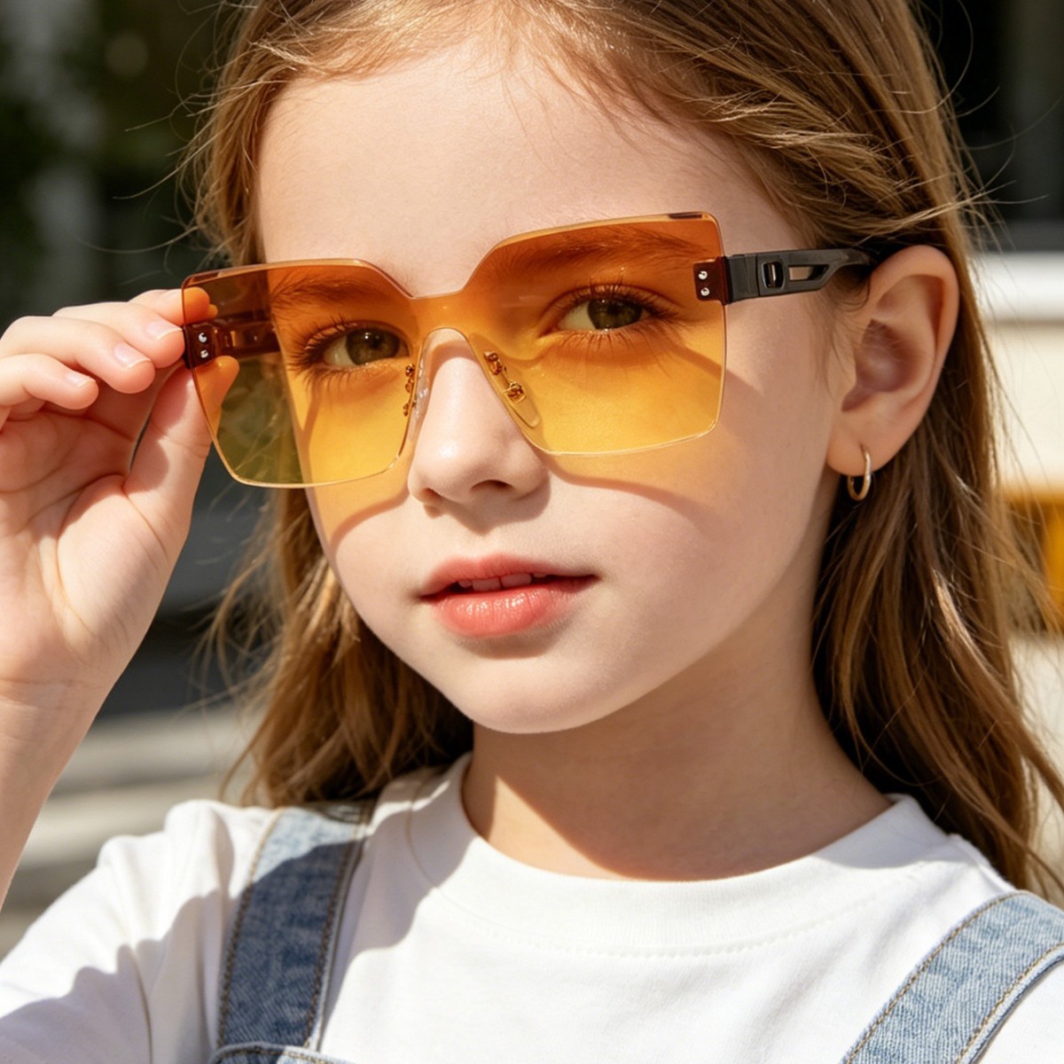 Gafas de sol de moda para niños, estilo europeo y americano, sin montura, cuadradas, con lentes de PC color océano y patillas huecas únicas.
