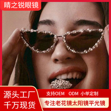 加工定制新款个性潮流复古欧美猫眼镜超大水钻太阳镜带钻金属墨镜