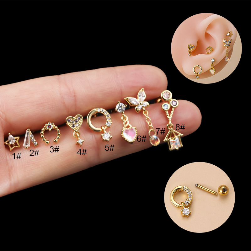 2 pezzi di Henson in acciaio inossidabile a doppia testa con vite per orecchio, amore, farfalla, zircone, moda, versatili orecchini a bottone singoli_voghion.com