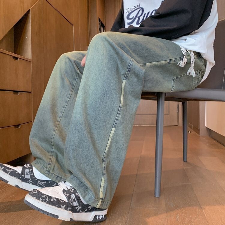 Spring and autumn elastic waist jeans for men, casual pants for junior high and high school students, loose straight-leg trousers for teenagers Spring and autumn elastic waist jeans for men, casual pants for junior high and high school students, loose straight-leg trousers for teenagers