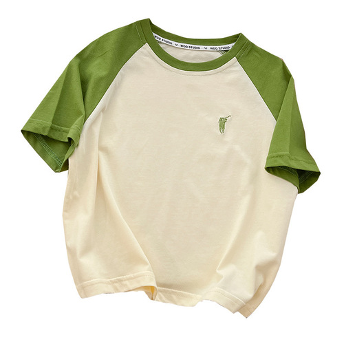 Xiaoku Children's Short Sleeve Medium Children's Trendy Korean Style Loose Top Children's Striped Color Crew Neck Loose Pure Cotton T-Shirt