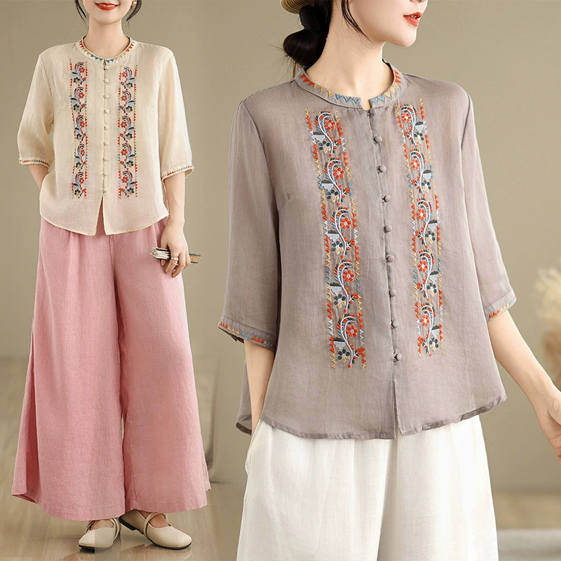 Real Shot ~ Художественная однотонная высококачественная рубашка из рами с вышивкой, свободная и облегающая легкая блузка с короткими рукавами из льна.