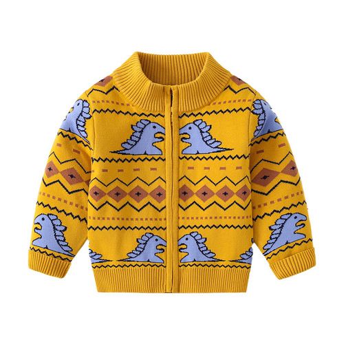 Men's Cartoon Dinosaur Zip-Up Cardigan Sweater for Autumn and Winter - Korean Style Zip-Up Cardigan for Boys