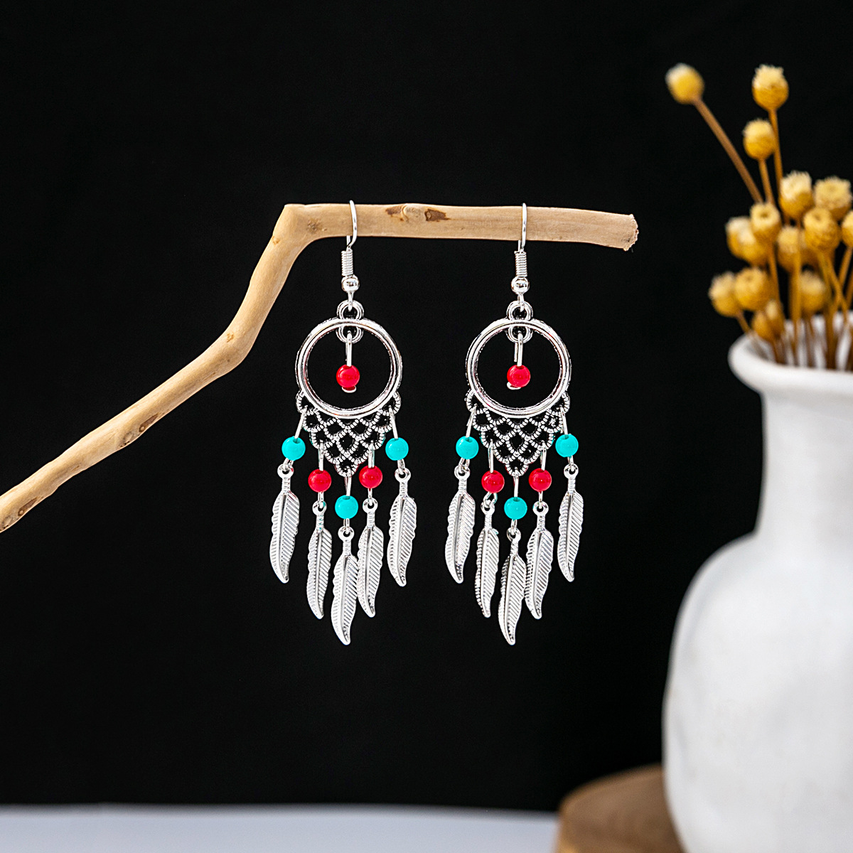 European and American Bohemian ethnic style earrings Miao silver turquoise tassel earrings minority tourist attractions earrings