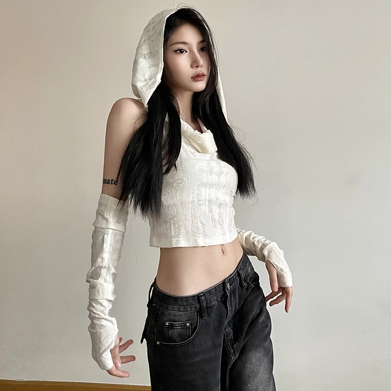 Official figure real price waste soil wind sweet hot girl short sleeve top women's spring and summer hole vest hooded base shirt T-shirt