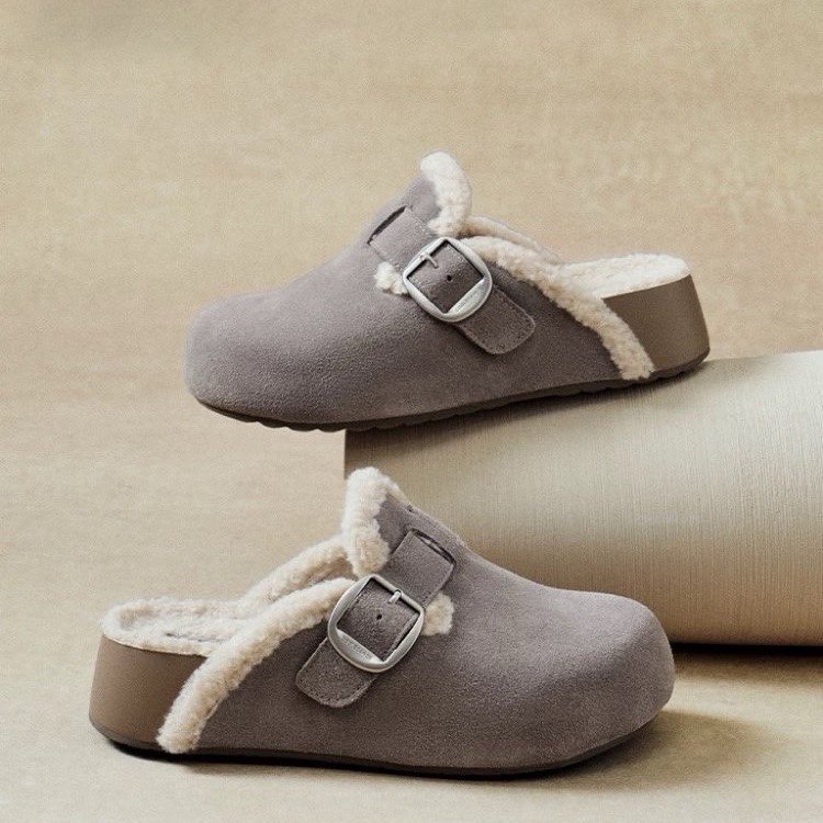 毛毛勃肯拖鞋女2025新款秋冬一脚蹬加绒勃肯单鞋厚底包头半拖棉鞋