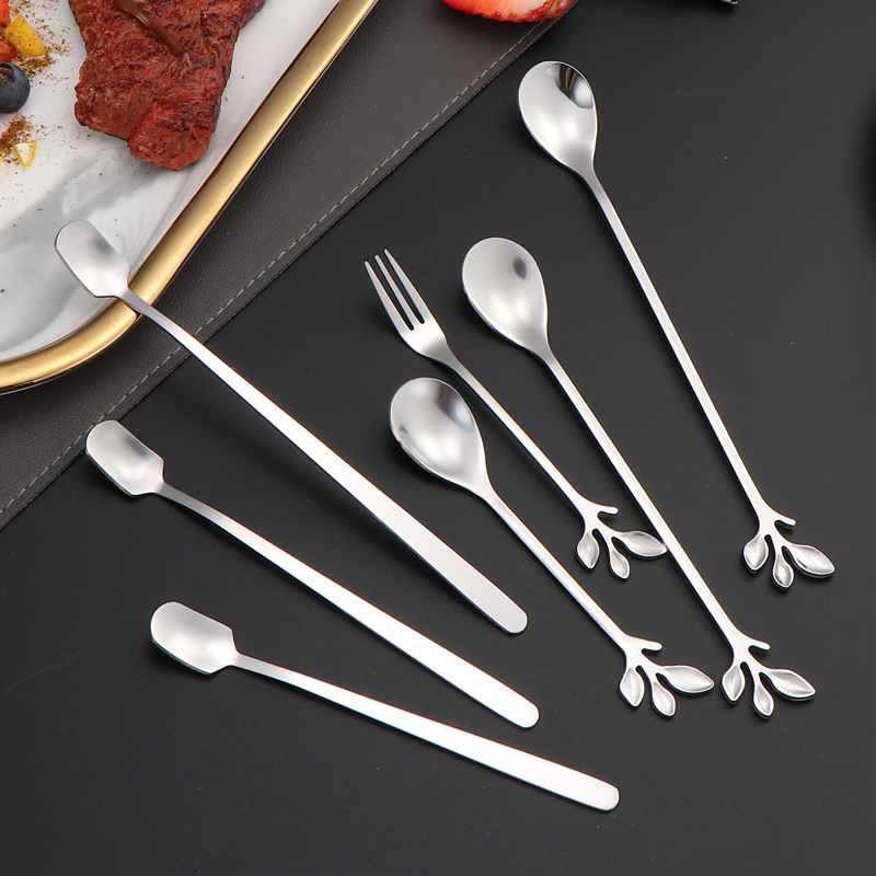 Cuchara de acero inoxidable Cuchara de hoja tenedor Cuchara de café de mango largo de cabeza cuadrada Cuchara para mezclar miel Taza cálida Taza de regalo