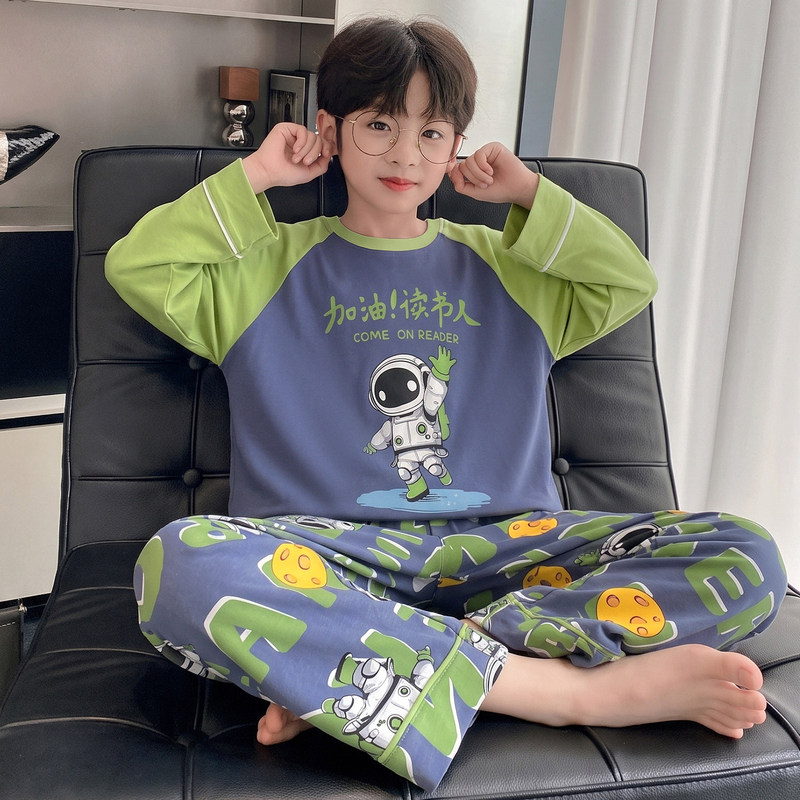 Children's Pure Cotton Pajamas Spring and Autum Boys' Home Clothes Youth Autum Long-Sleeved Medium and Large Kidsren's Cartoon Boys' Suits