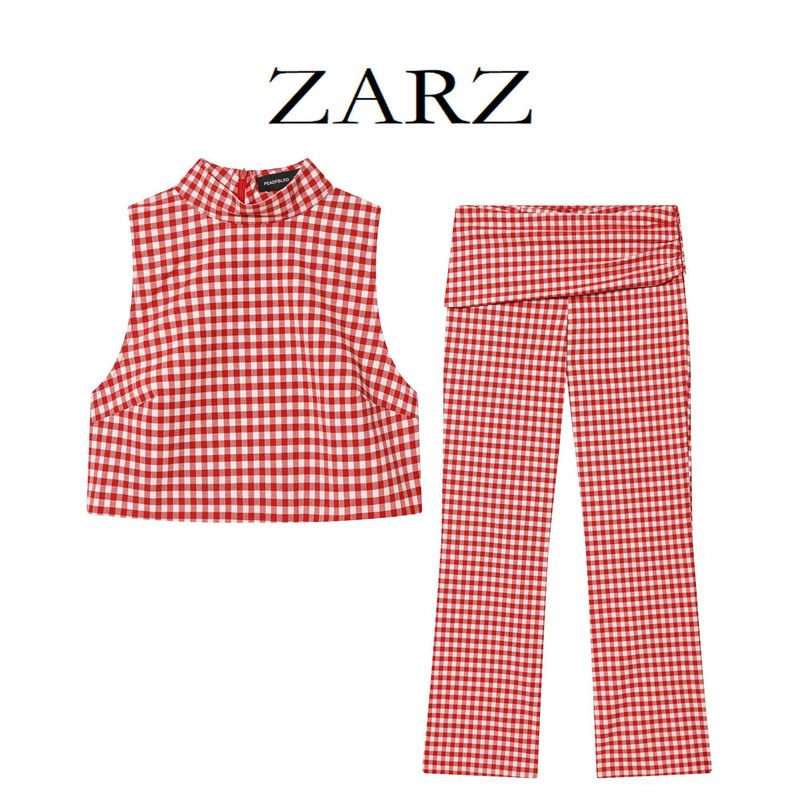 Zarz Self-Made European and American Style New Women's Clothing Sleeveless High-Neck Plaid Top Mid-Waist Small Plaid Capri Pants