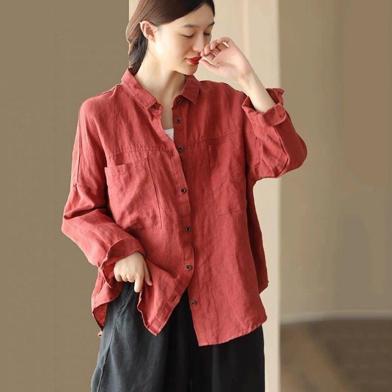 Lapel Cotton and Linen Shirt for Women 2026 Spring and Autumn New Style Mom's Loose-Fitting Belly-Covering High-End Cotton and Linen Long-Sleeve Cardigan Top Lapel Cotton and Linen Shirt for Women 2026 Spring and Autumn New Style Mom's Loose-Fitting Belly-Covering High-End Cotton and Linen Long-Sleeve Cardigan Top