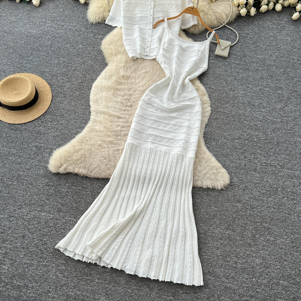 Women's Soft Pink Knit Two Piece Set Slim Fit Waist Cinching Fishtail Skirt Suit for Summer_ecoleips.com