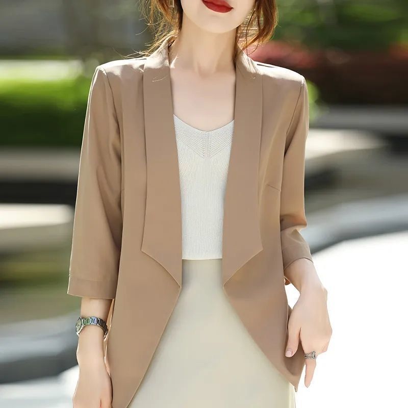 Women's 3/4 Sleeve Blazer 2026 New Japanese Style Summer Slim Fit Thin Cardigan with Draped Effect
