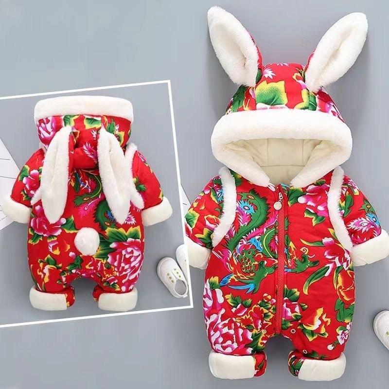의 동북 큰 꽃 점프 수트 겨울 새해 옷  의 축제 누빔안감 복장