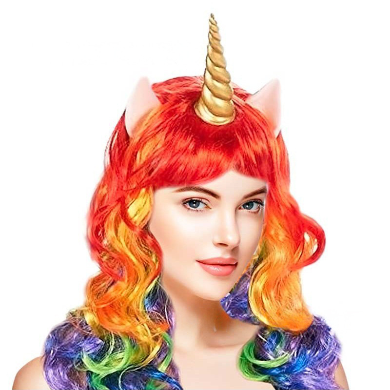 Unicorn Cosplay European and American Party Colorfulful Wave Colorfulful Rainbow Wave Wig Unicorn Cosplay European and American Party Colorfulful Wave Colorfulful Rainbow Wave Wig