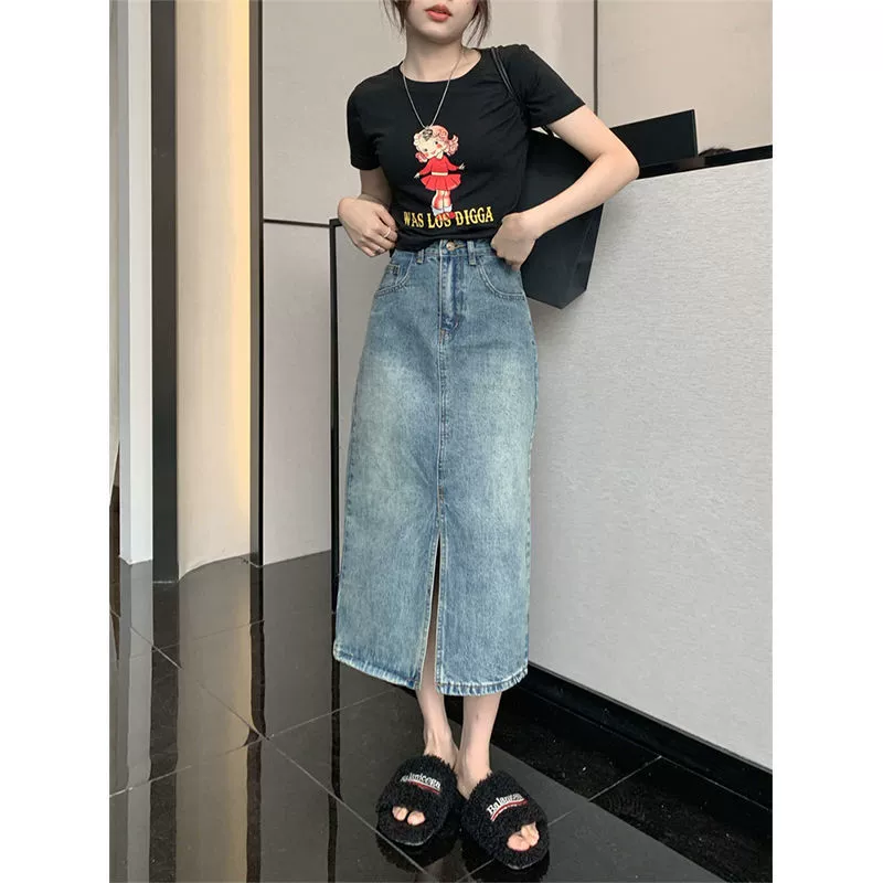 Ретро-юбка из денима с разрезом для женщин, весна-лето 2025, новая, высокая талия, облегающая, миди, модная