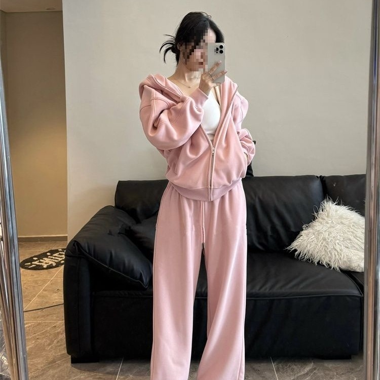 卫裤斤胖两件套休闲运动套装女秋冬季宽松大码连帽卫衣蓝色黑色|undefined