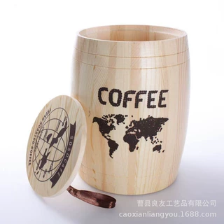 定制小木桶咖啡豆圆木桶家用桌面茶叶咖啡升斗收纳实木带盖桶