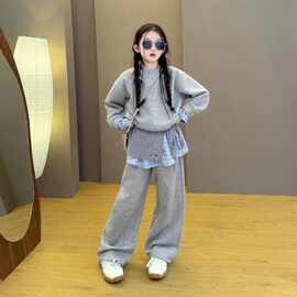 女童2026新款春秋季韩版复古拼接假两件卫衣阔腿裤穿搭套装新品潮