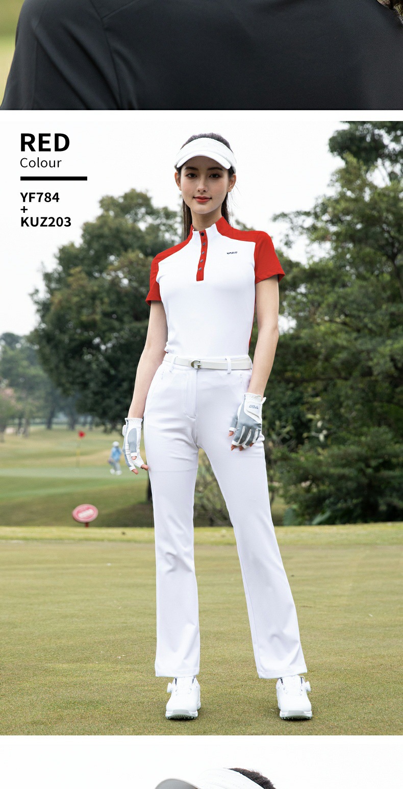 Áo thun golf nữ tay ngắn cổ tròn, chất liệu polyester co giãn, thấm hút mồ hôi — Áo trắng xanh [mỏng nhẹ thoáng khí/hút ẩm nhanh khô/eo thon gọn] YF784, Áo trắng đen [mỏng nhẹ thoáng khí/hút ẩm nhanh khô/eo thon gọn] YF784, Áo trắng đỏ [mỏng nhẹ thoáng khí/hút ẩm nhanh khô/eo thon gọn] YF784 chi tiết 8