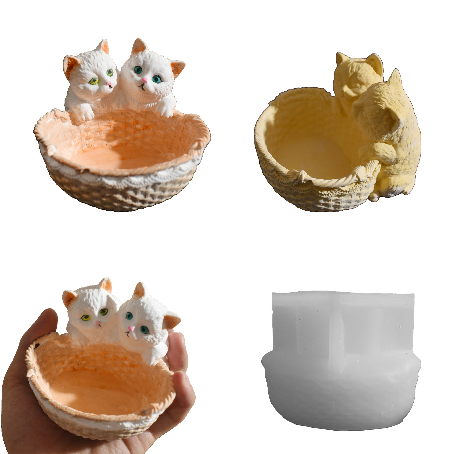 动物情侣猫咪编织篮蜡烛杯硅胶模具 跨境diy小猫花篮石膏收纳盒