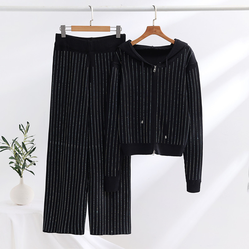 Women's Clothing Fashion casual hot diamond suit women's loose hooded cardigan top wide leg pants knitted two piece suit_voghion.com