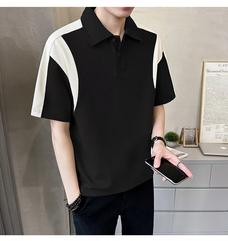 Herren Patchwork Polohemd Atmungsaktives Baumwoll Casual Shirt_voghion.com