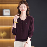 时尚v领秋冬新款羊毛针织羊毛衫中年妈妈长袖宽松百搭打底衫女，女装针织衫/毛衣，妃慕昵服饰