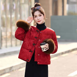 新中式国风羽绒服女冬季新款时尚狐狸毛气质妈妈装红色气质羽绒服
