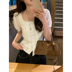 法式上衣女设计感小众复古韩系小个子衬衣短装方领白色短袖衬衫夏
