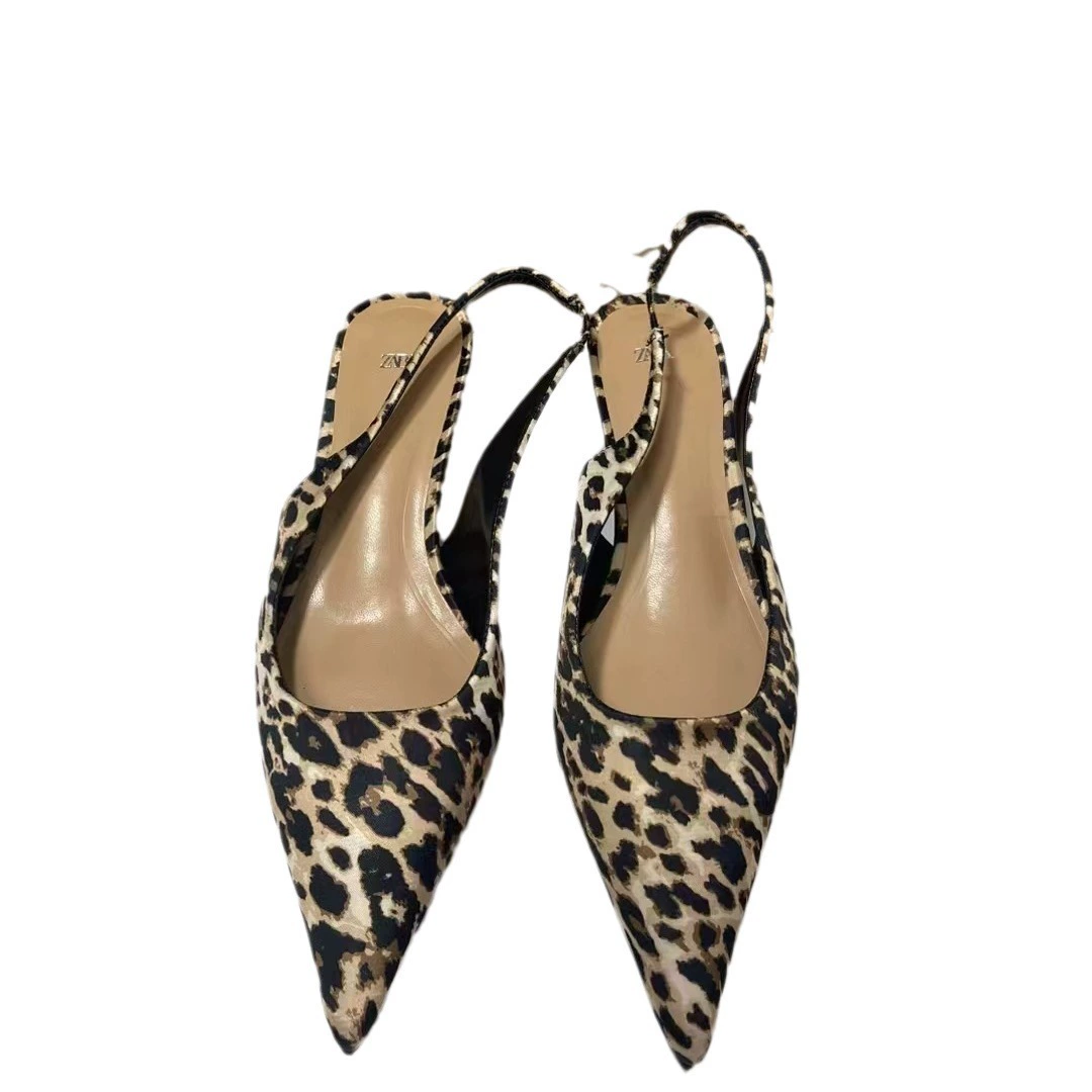 ZA2024 Летние леопардовые Slingback туфли на шпильке — заостренный носок, невысокий каблук, женская обувь