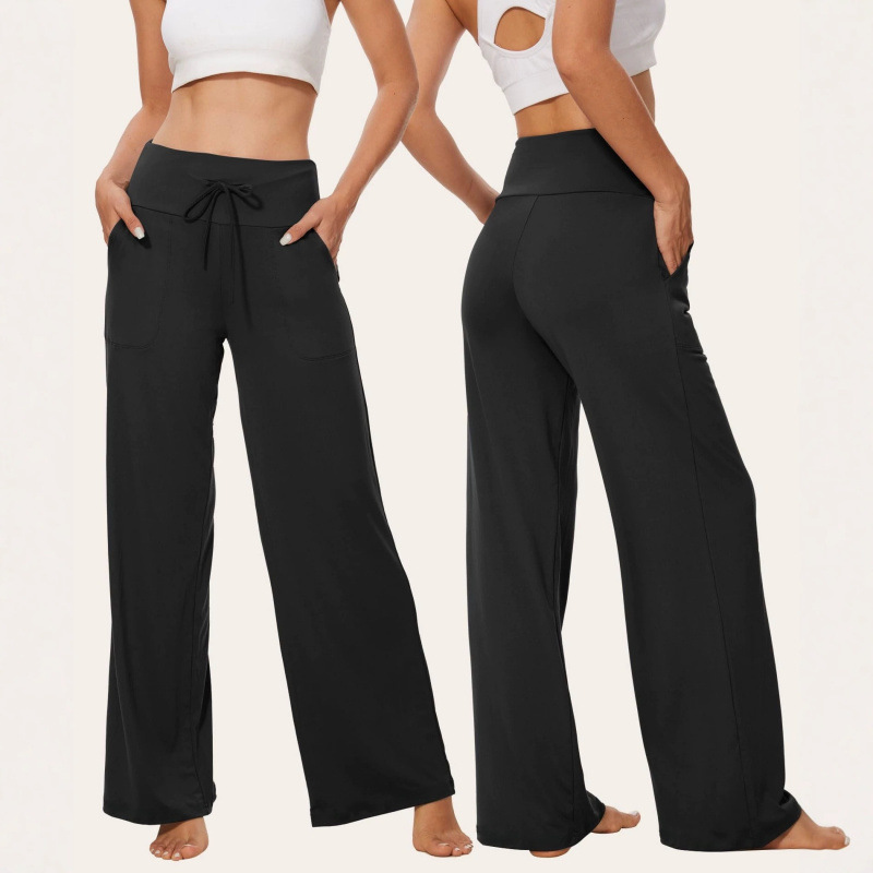 Black High-Waisted Wide-Leg Sweatpants for Women, Loose Drape Straight-Leg Casual Pants with Pockets, Summer Thin Style