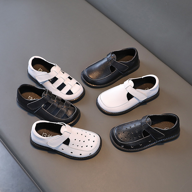 Genuine Leather Boys and Girls Summer and Autumn Shoes 2026 New Children's Half Sandals Cowhide Hollow Soft Sole Princess Small Leather Shoes