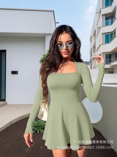 Eurasian cross-border new solid color slimming square neck casual happy party vacation elegant mini sexy dress