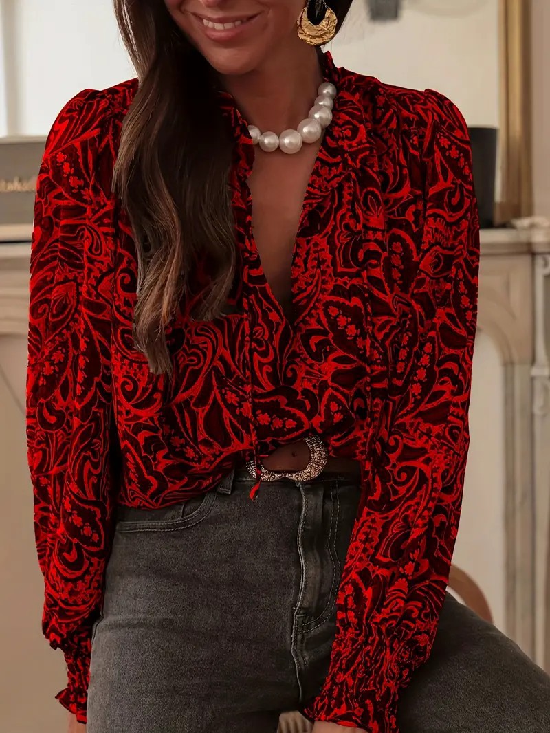 Retro Print Long Sleeve Loose Fitting Women's Shirt Casual Style Blouse For Spring Autumn Regular Fit Polyester Clothing_ecoleips.com
