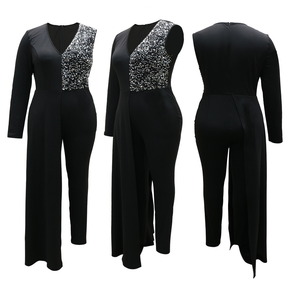 V-neck sequin plus size irregular jumpsuit nihaostyles clothing wholesale NSCYF85322