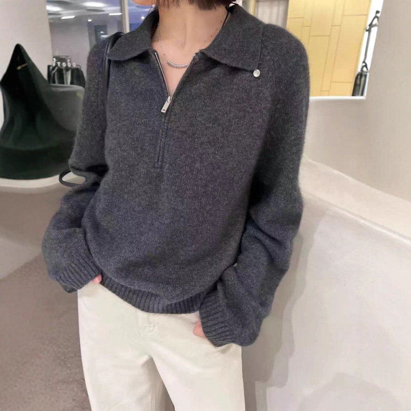 韩版polo领半拉链套头毛衣女秋冬季新 款休闲慵懒风 百花绒针织衫|undefined