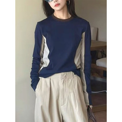 法式休闲拼接撞色长袖上衣女2025秋季新款百搭修身显瘦设计感上衣