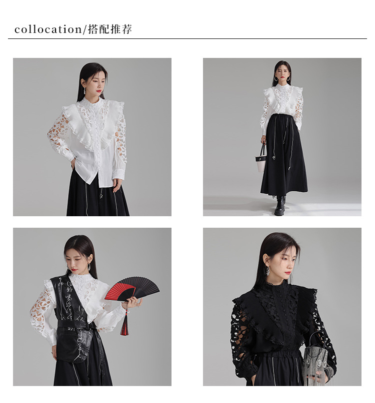 法米姿 早春新款宫廷风法式刺绣镂空衬衫显瘦别致立领上衣