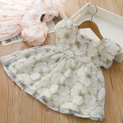 Little Girl Pearl Collar Small Floral Dress 2024 Summer New Children's Butterfly Knot Backless Net Princess Dress
