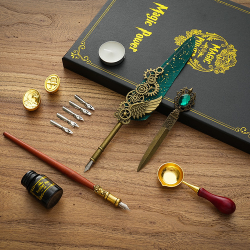European-style British quill pen set dipped in water and fire paint seal feather pen gift box Children's Day gift pen for classmates