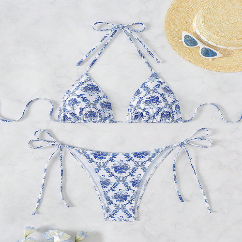 Women's Swimsuit 2025 European and American Style Floral Print Halter Neck Tie-up Hot Spring Swimwear Sexy Beach Bikini