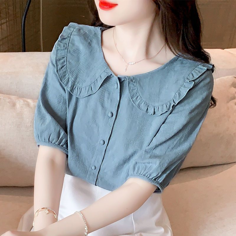 Summer Clothes 2025 New Women's Fashion Age-Reducing Jacquard Cotton Shirt Women's Fashionable Cotton Doll Collar Top Short Sleeves Summer Clothes 2025 New Women's Fashion Age-Reducing Jacquard Cotton Shirt Women's Fashionable Cotton Doll Collar Top Short Sleeves