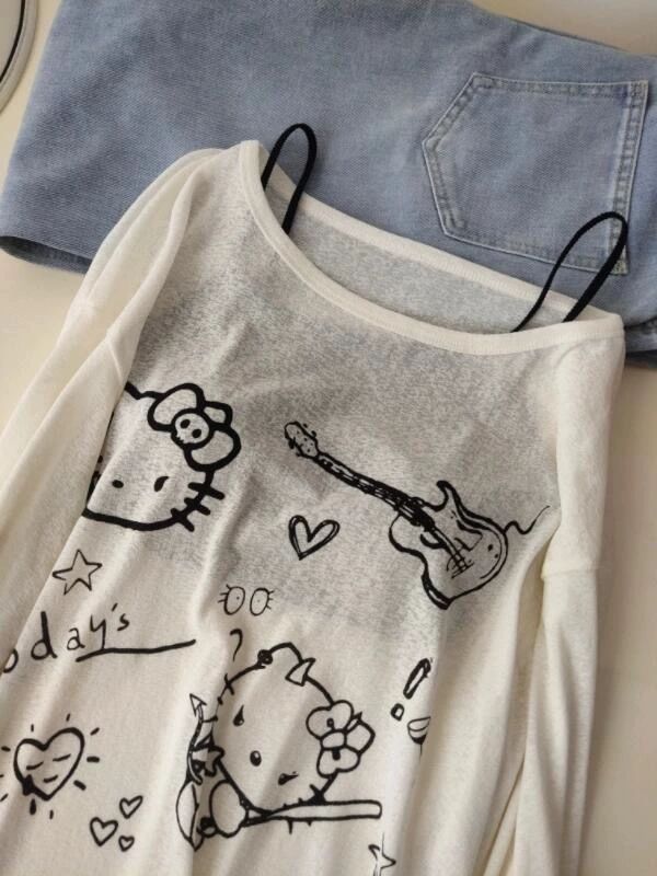 レイジーシルダーキティ微透け長袖Tシャツレディース夏デザインニッチルーズ薄手日焼け止めブラウストップ|undefined