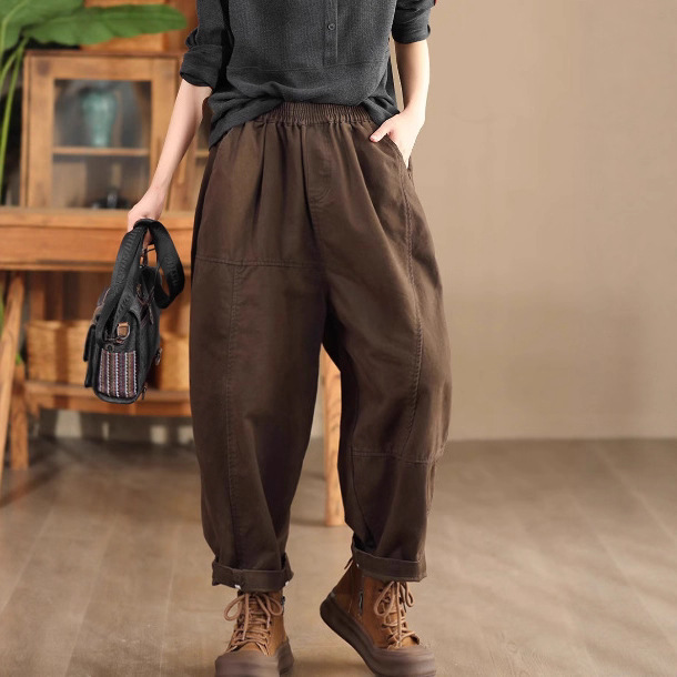 2025秋复古高密棉质立体拼接显瘦哈伦裤女宽松显瘦萝卜裤长裤 女