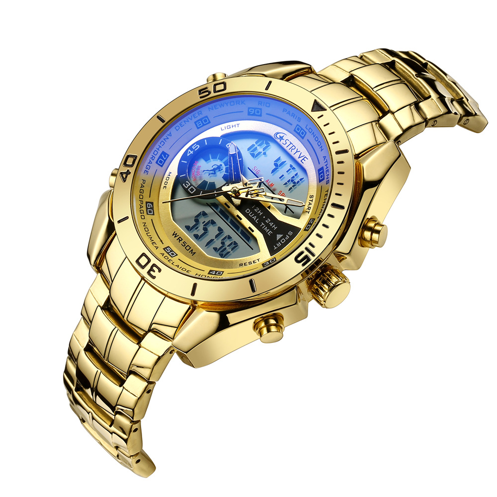 STRYVE reloj de negocios para hombre doble pantalla impermeable reloj electrónico de cuarzo para hombre reloj de acero inoxidable S8019